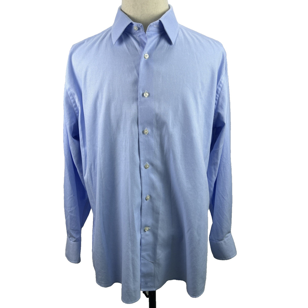 David Donahue Blue Dress Button Up Long Sleeve Shirt Size 18 Trim Cut - 34/35